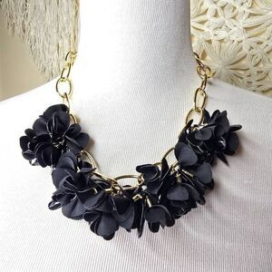 Talbots Fabric & Beaded Flower Statement Necklace Black Gold